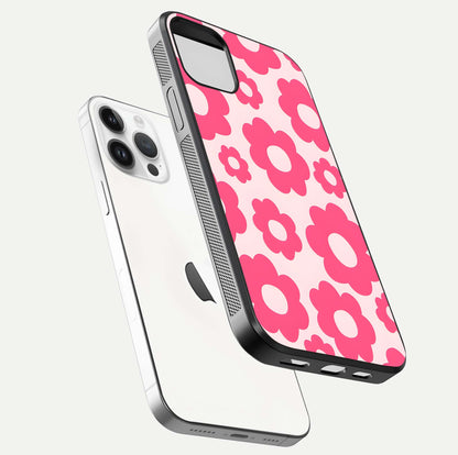 Blush Flower Pop iPhone 14 Pro glass phone case floating view emphasizing premium build and vibrant flower artwork