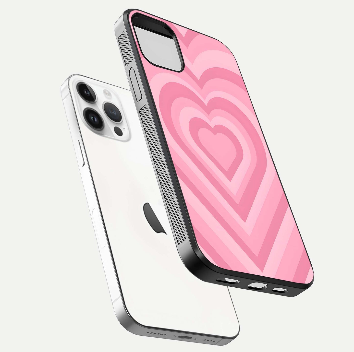 Blush Heart Waves iPhone 14 Pro glass phone case floating view emphasizing glossy finish and layered heart design