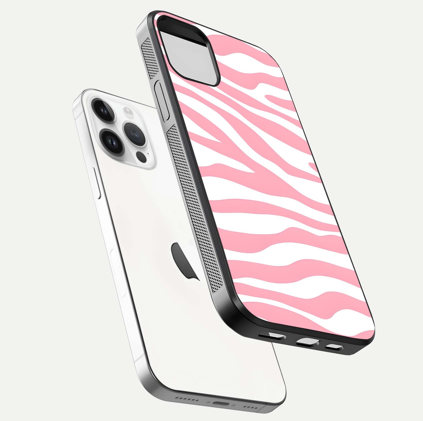 Blush Zebra Flow iPhone 14 Pro glass phone case floating view emphasizing premium glossy surface and dynamic design