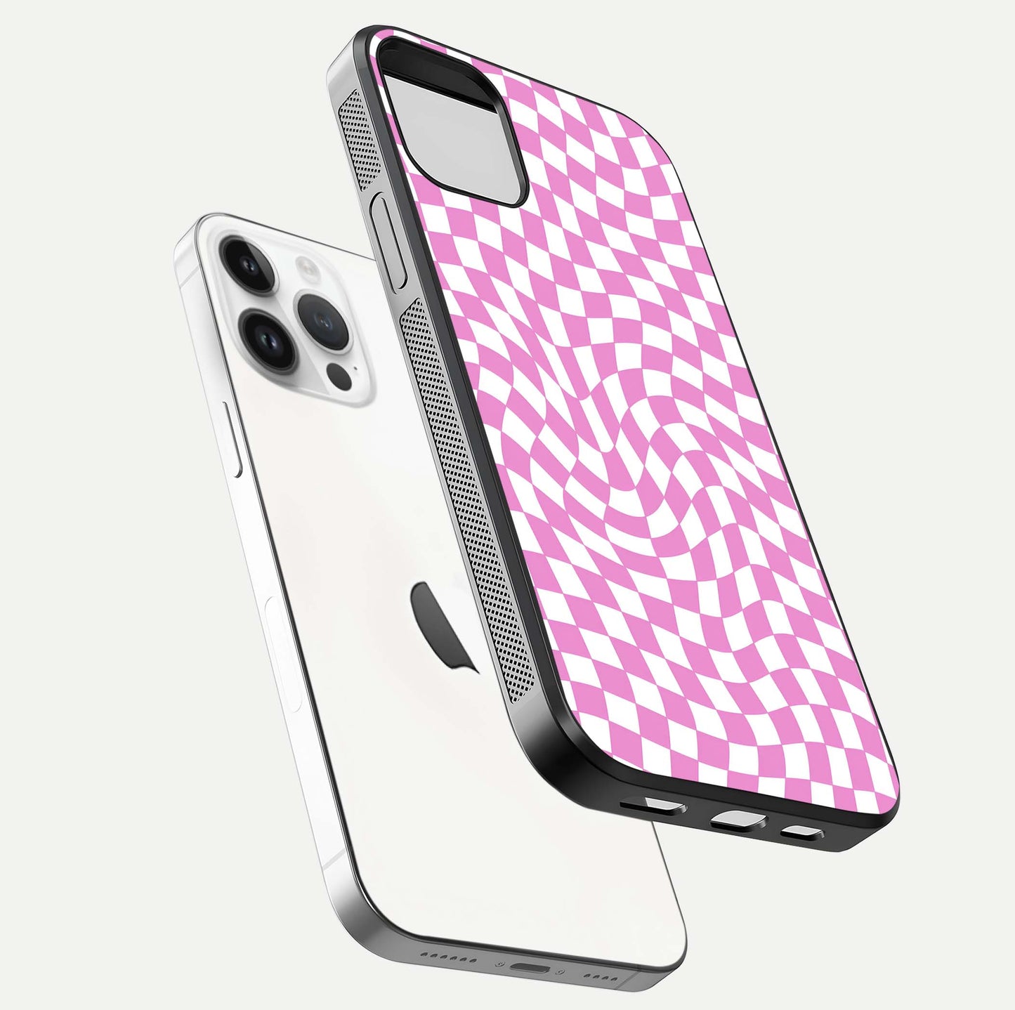 Bubblegum Check Wave iPhone 14 Pro glass phone case floating view emphasizing premium glass finish and vibrant design