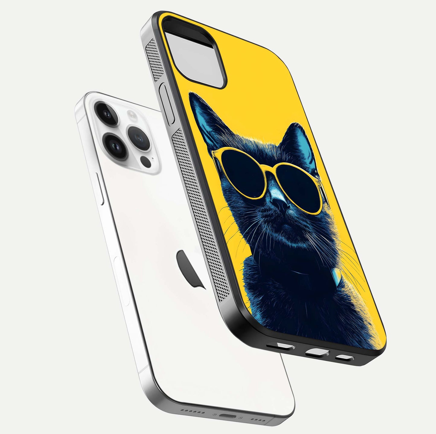 Cool Cat Vibes iPhone 14 Pro glass phone case floating view emphasizing glossy finish and fun cat vibe
