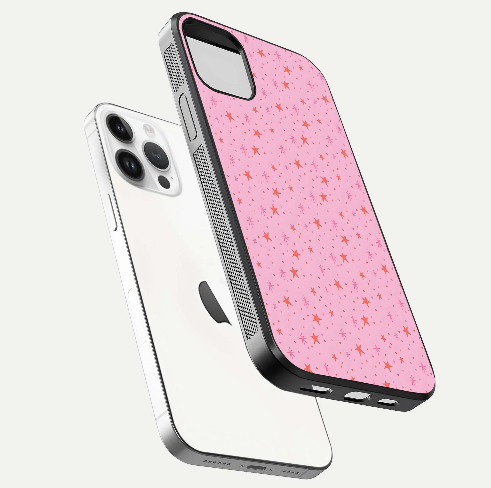 Cosmic Pink Sparkle iPhone 14 Pro glass phone case floating view emphasizing premium glass surface and glittering details