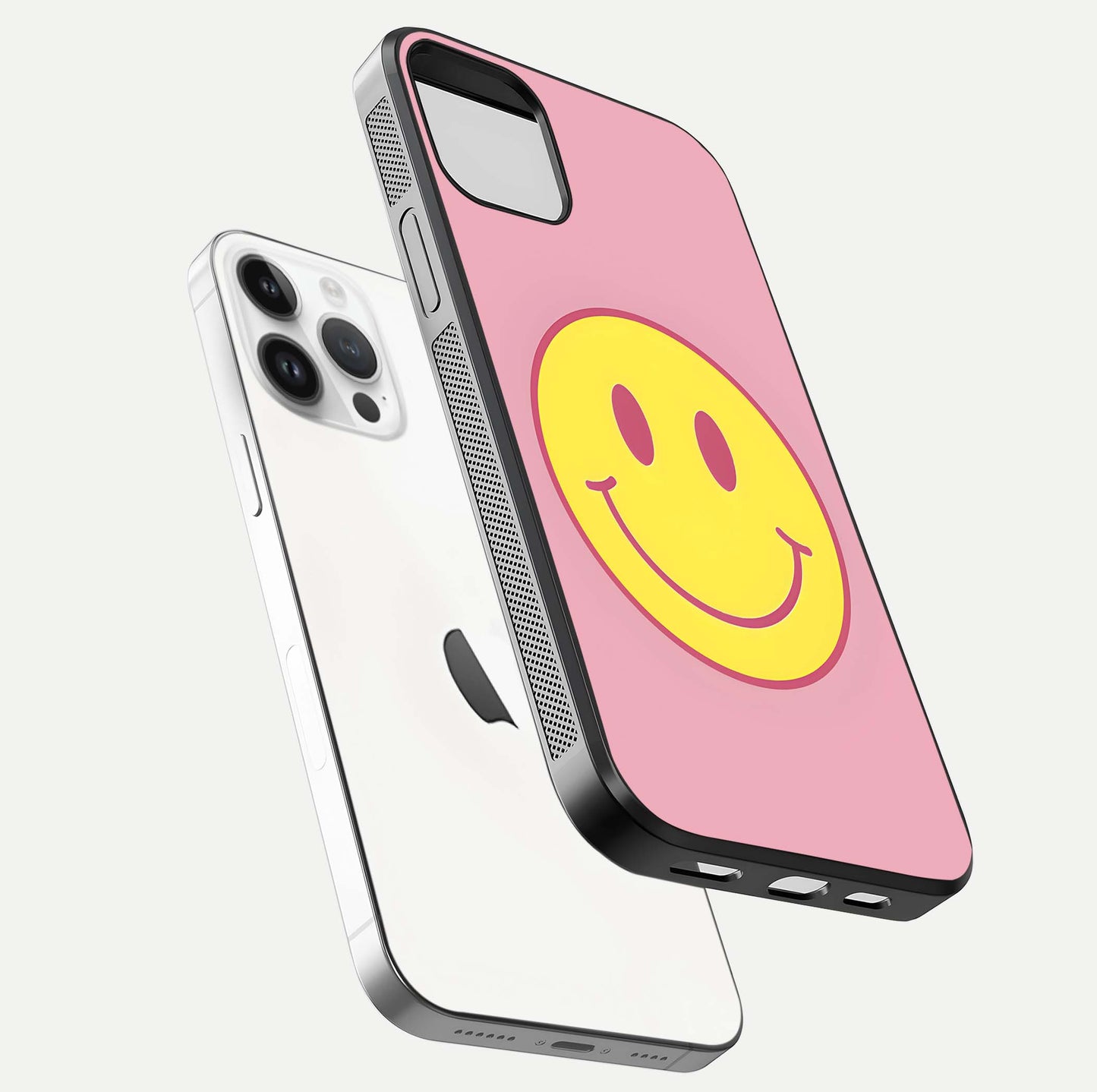 Happy Pink Mood iPhone 14 Pro glass phone case floating view emphasizing glossy finish and joyful color palette