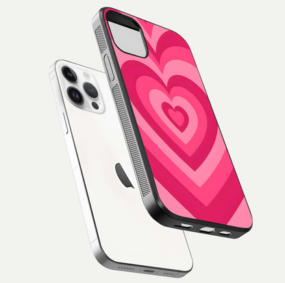 Layered Love Hearts iPhone 14 Pro glass phone case floating view emphasizing glossy surface and layered heart details