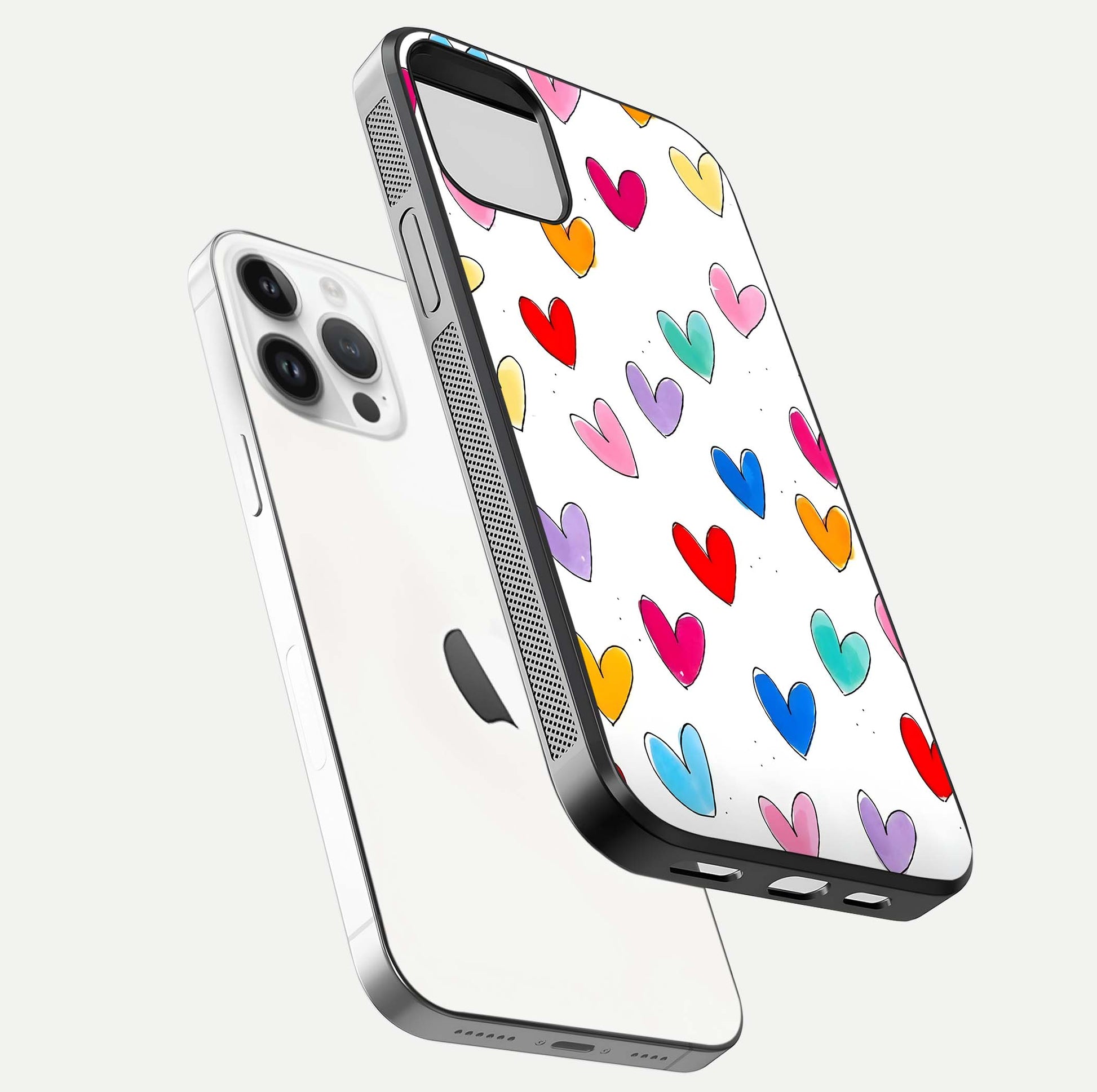 Playful Love Doodles iPhone 14 Pro glass phone case floating view emphasizing glossy finish and playful design