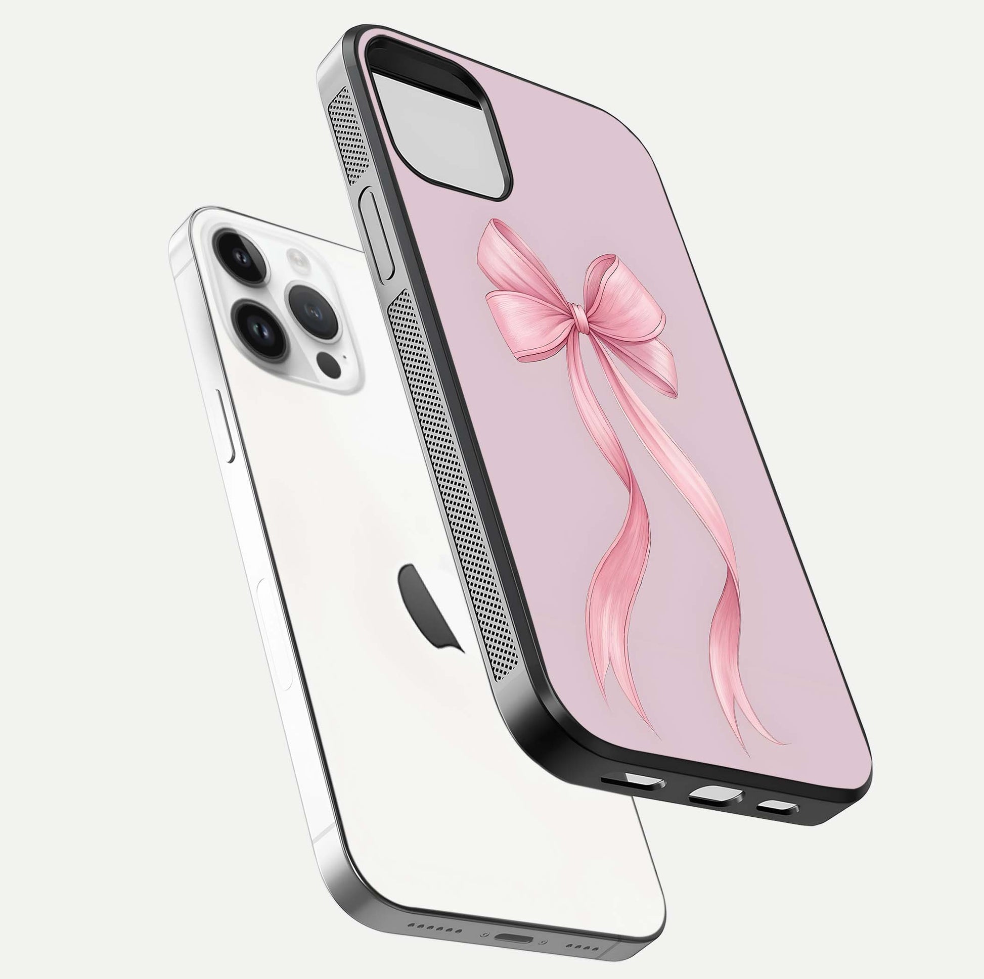 Soft Blush Bow iPhone 14 Pro glass phone case floating view emphasizing glossy surface and soft feminine styling