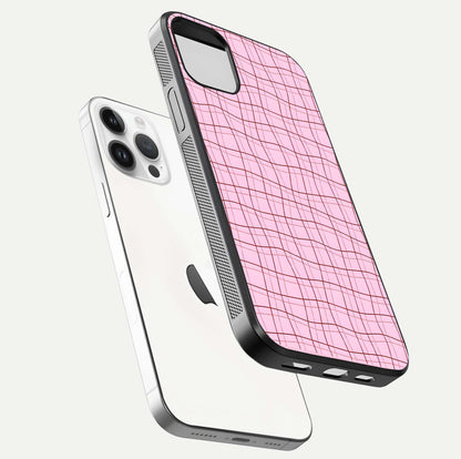 Soft Grid Bliss iPhone 14 Pro glass phone case floating view emphasizing glossy surface and minimal styling