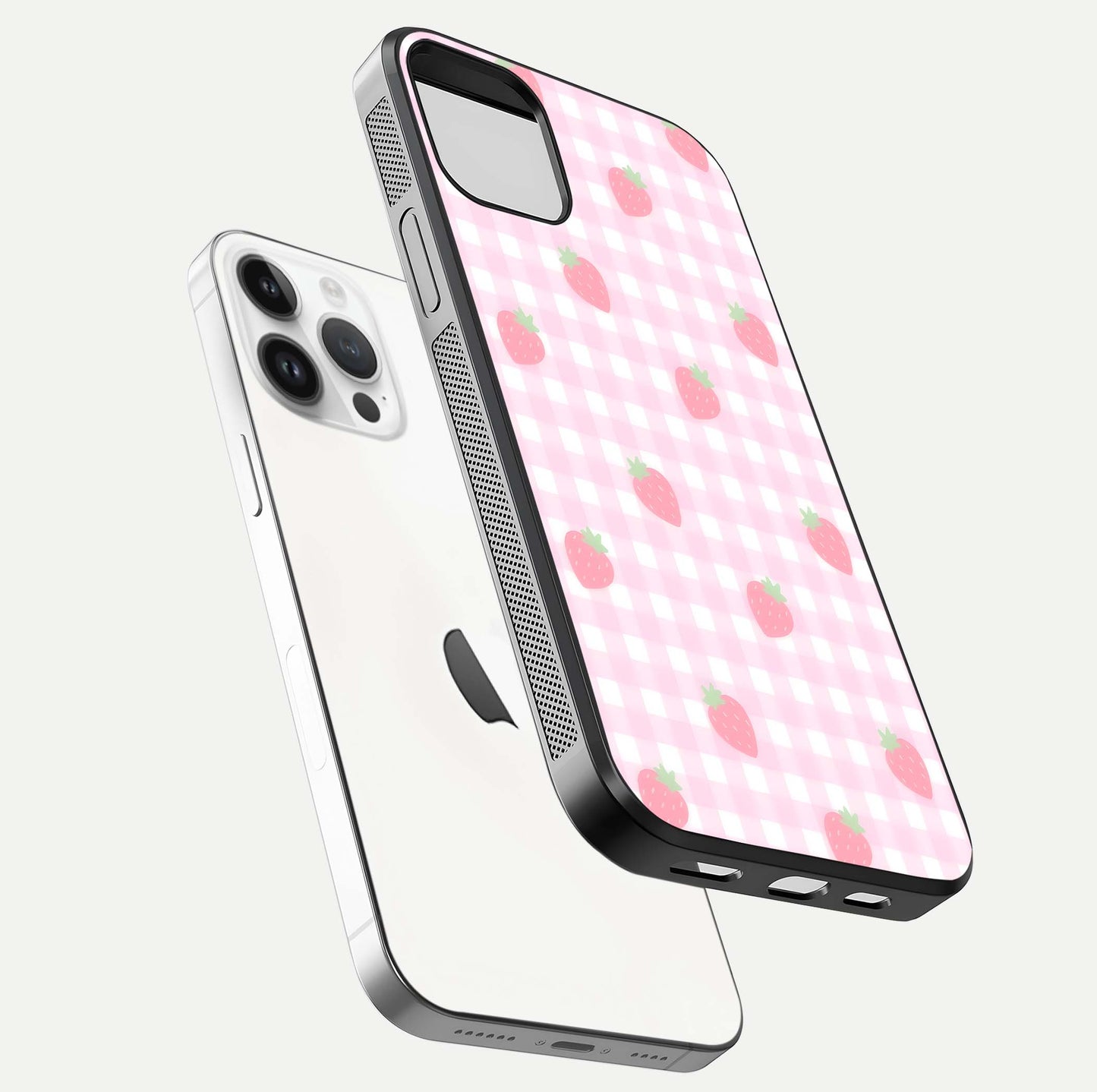 Strawberry Picnic Love iPhone 14 Pro glass phone case floating view emphasizing glossy finish and playful charm