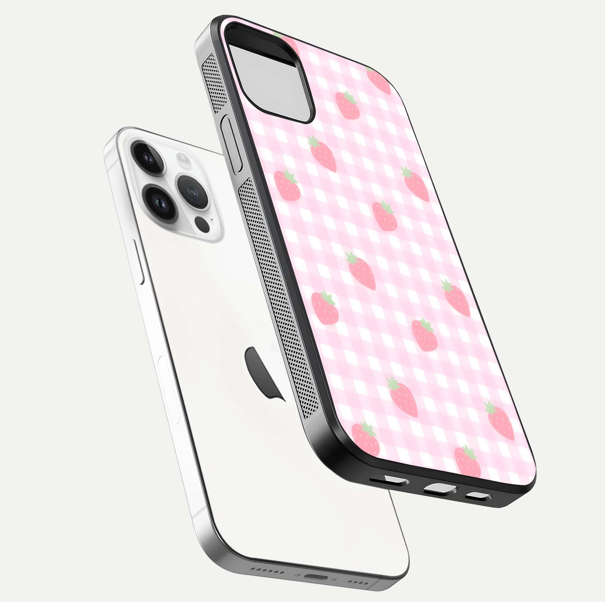 Strawberry Picnic Love iPhone 14 Pro glass phone case floating view emphasizing glossy finish and playful charm