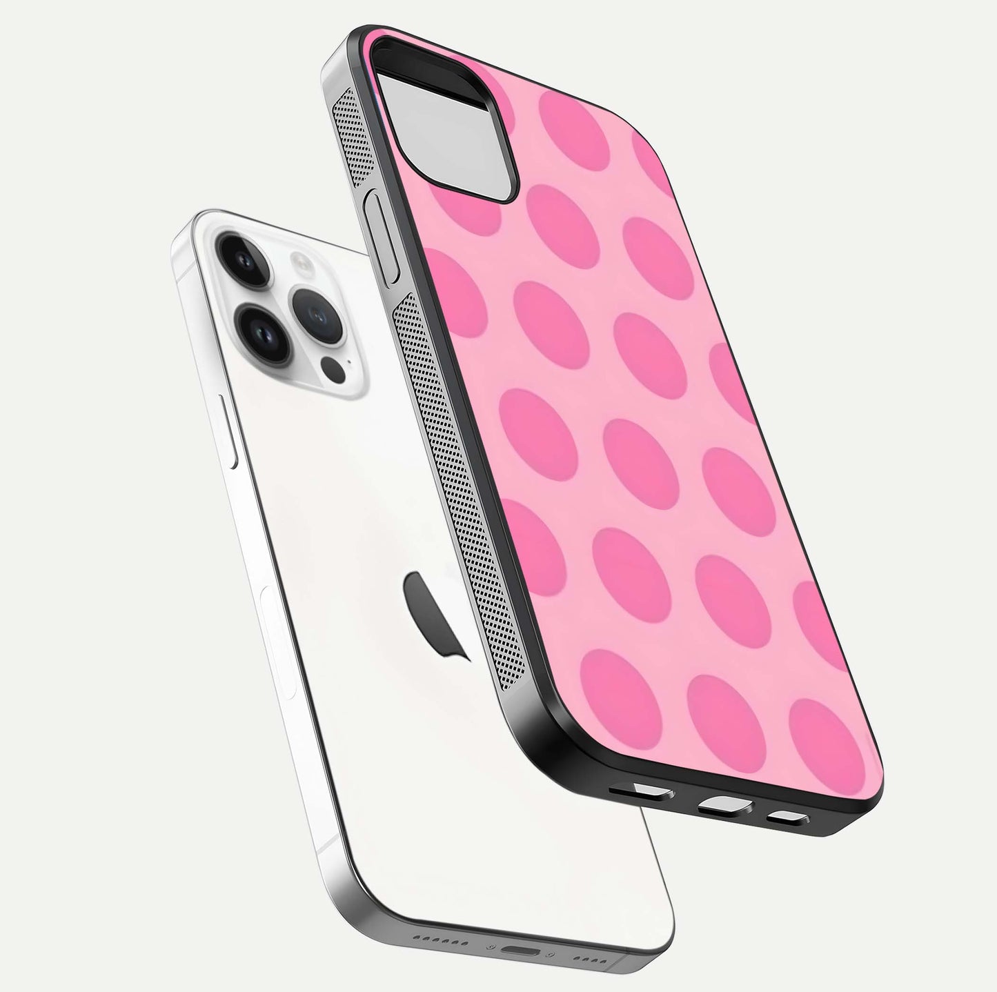 Sweet Dot Dreams iPhone 14 Pro glass phone case floating view emphasizing glossy surface and soft playful styling