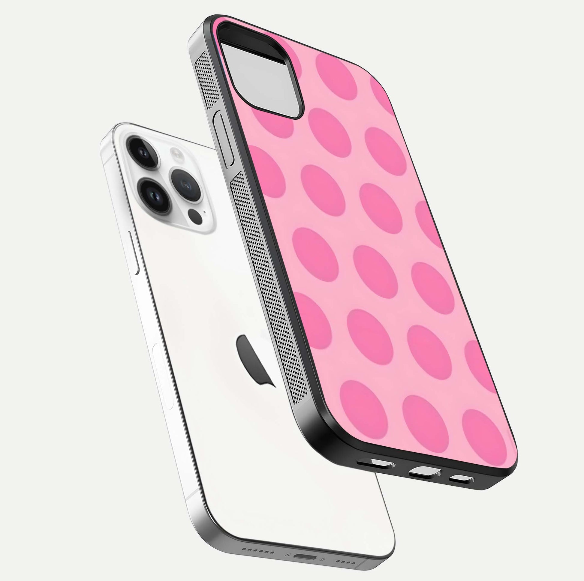 Sweet Dot Dreams iPhone 14 Pro glass phone case floating view emphasizing glossy surface and soft playful styling