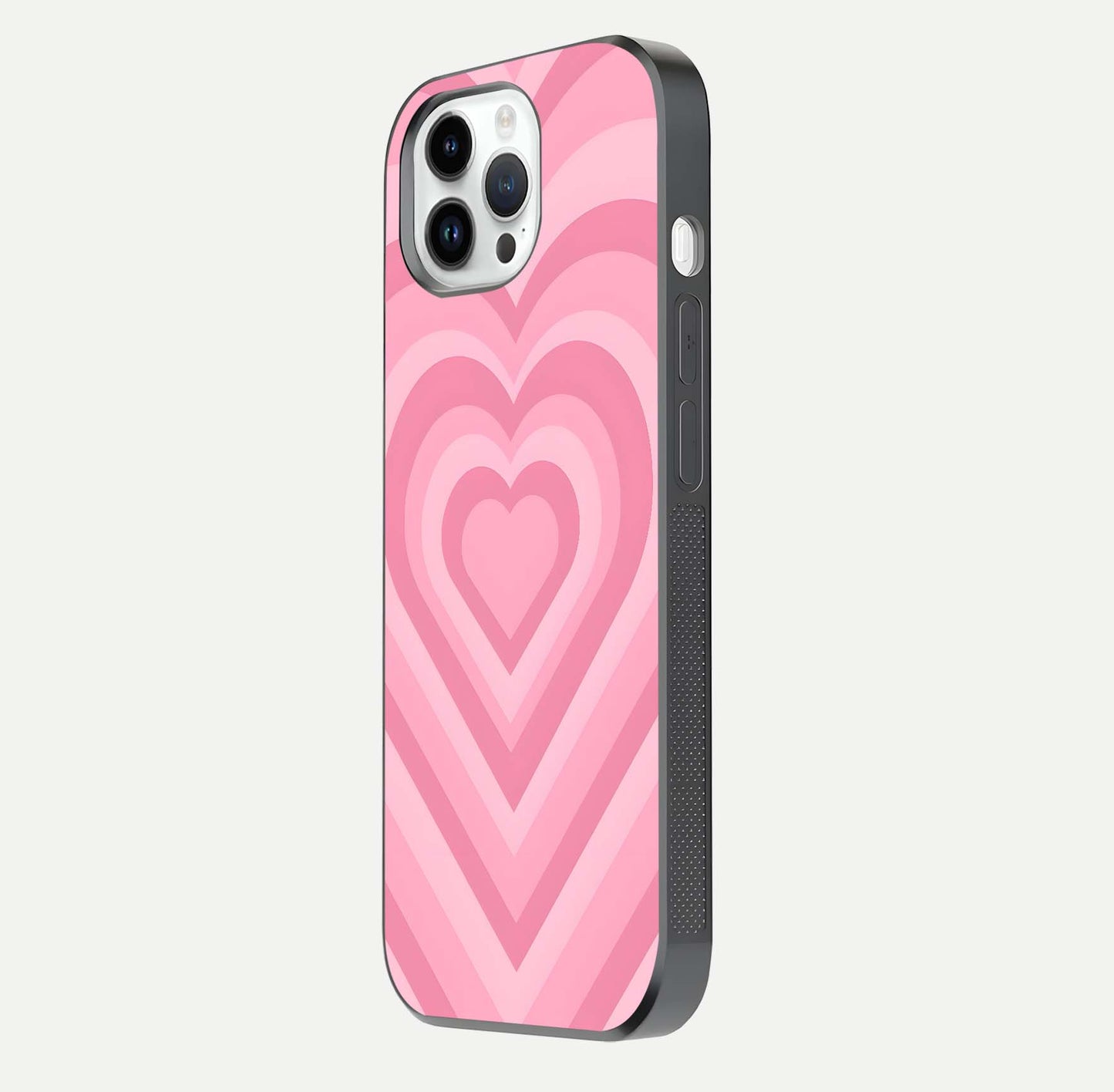 Blush Heart Waves iPhone 14 Pro glass phone case side profile view focusing on smooth edges and elegant wrap