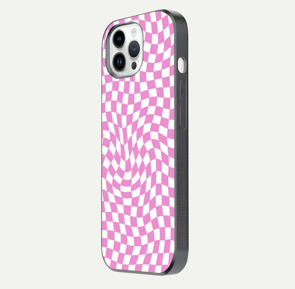 Bubblegum Check Wave iPhone 14 Pro glass phone case side profile view focusing on smooth edges and seamless wrap
