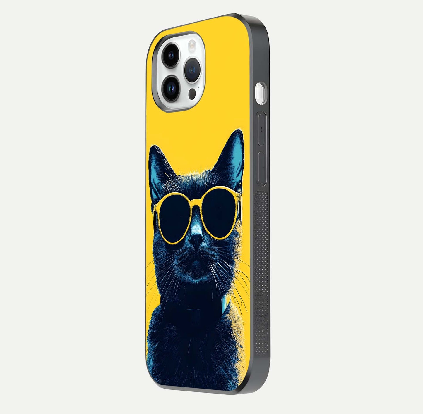 Cool Cat Vibes iPhone 14 Pro glass phone case side profile view focusing on sleek edges and seamless wrap
