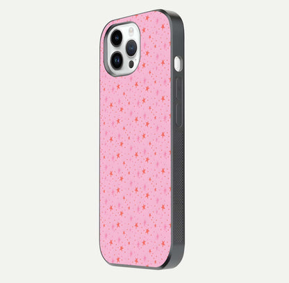Cosmic Pink Sparkle iPhone 14 Pro glass phone case side profile view focusing on sleek edges and seamless wrap