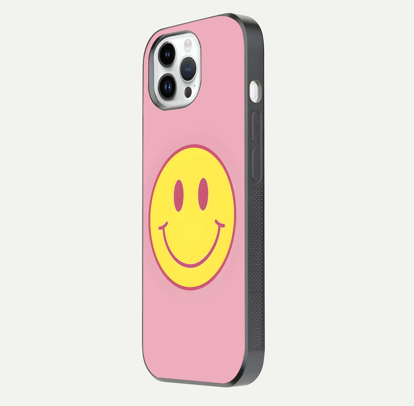 Happy Pink Mood iPhone 14 Pro glass phone case side profile view focusing on smooth frame and clean wrap