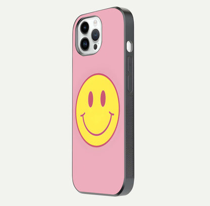Happy Pink Mood iPhone 14 Pro glass phone case side profile view focusing on smooth frame and clean wrap