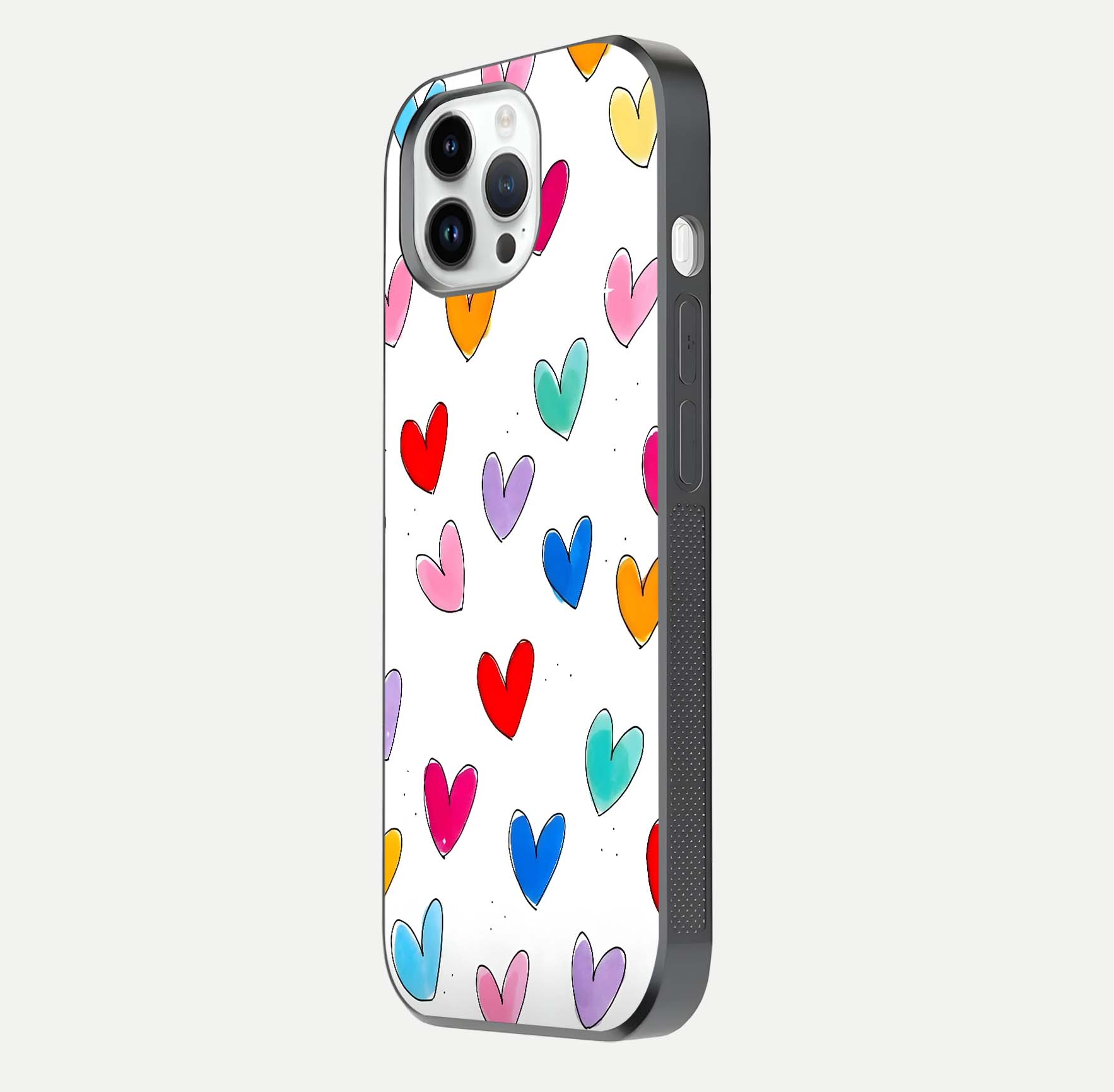 Playful Love Doodles iPhone 14 Pro glass phone case side profile view focusing on smooth frame and seamless wrap