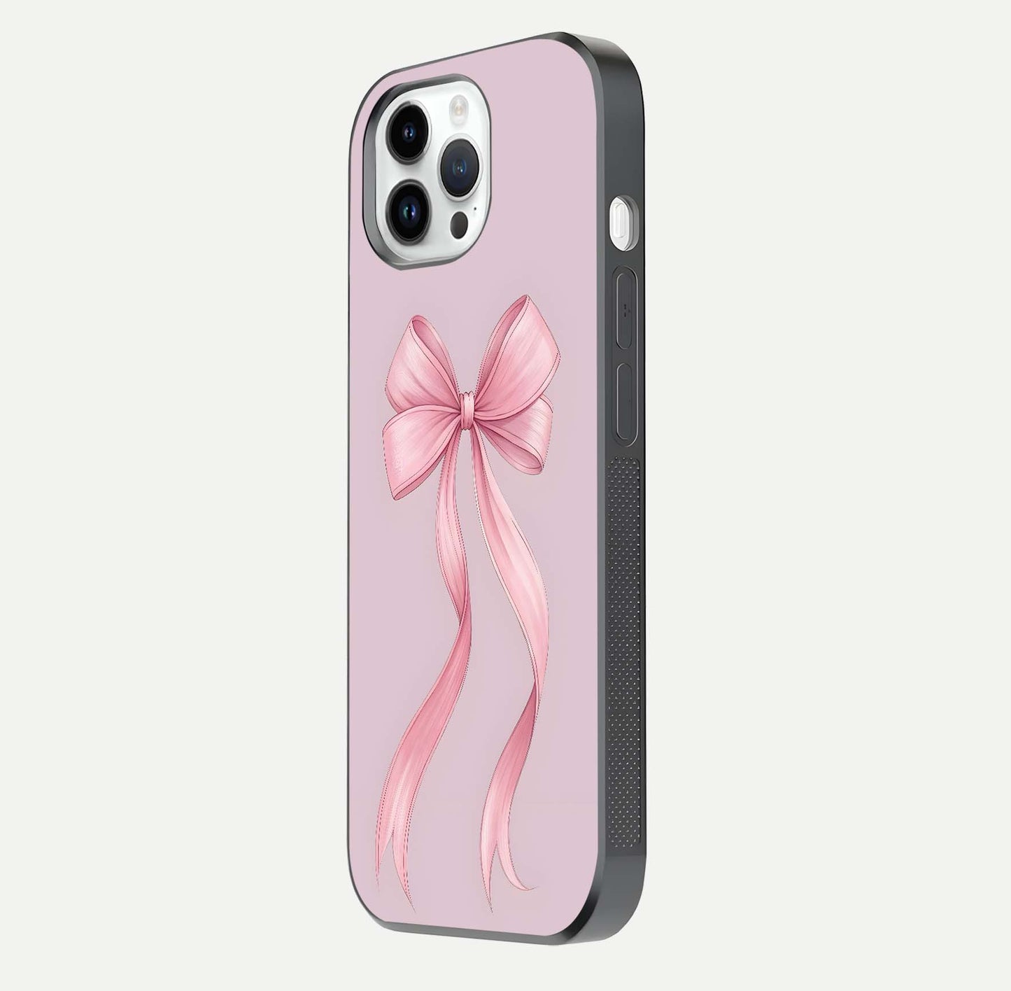 Soft Blush Bow iPhone 14 Pro glass phone case side profile view focusing on sleek edges and seamless wrap