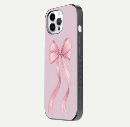 Soft Blush Bow iPhone 14 Pro glass phone case side profile view focusing on sleek edges and seamless wrap