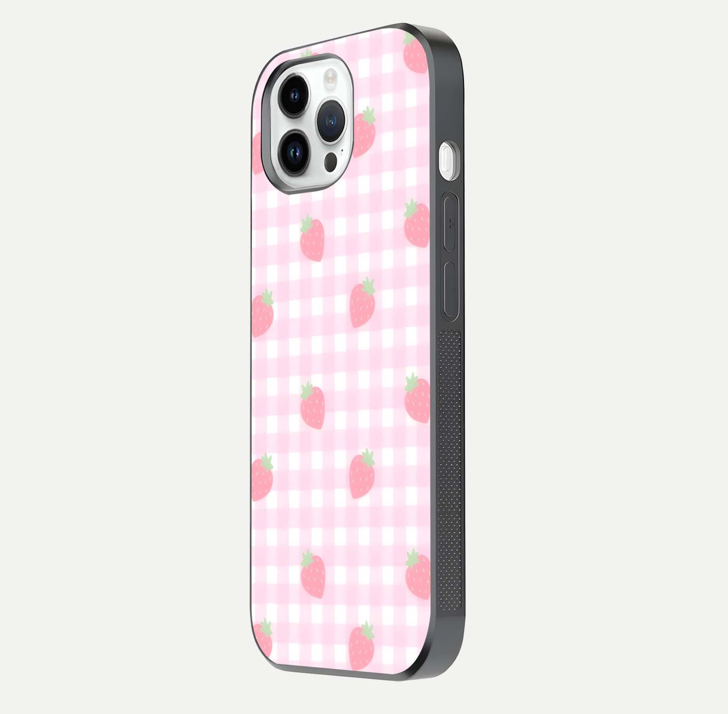 Strawberry Picnic Love iPhone 14 Pro glass phone case side profile view focusing on smooth frame and seamless wrap