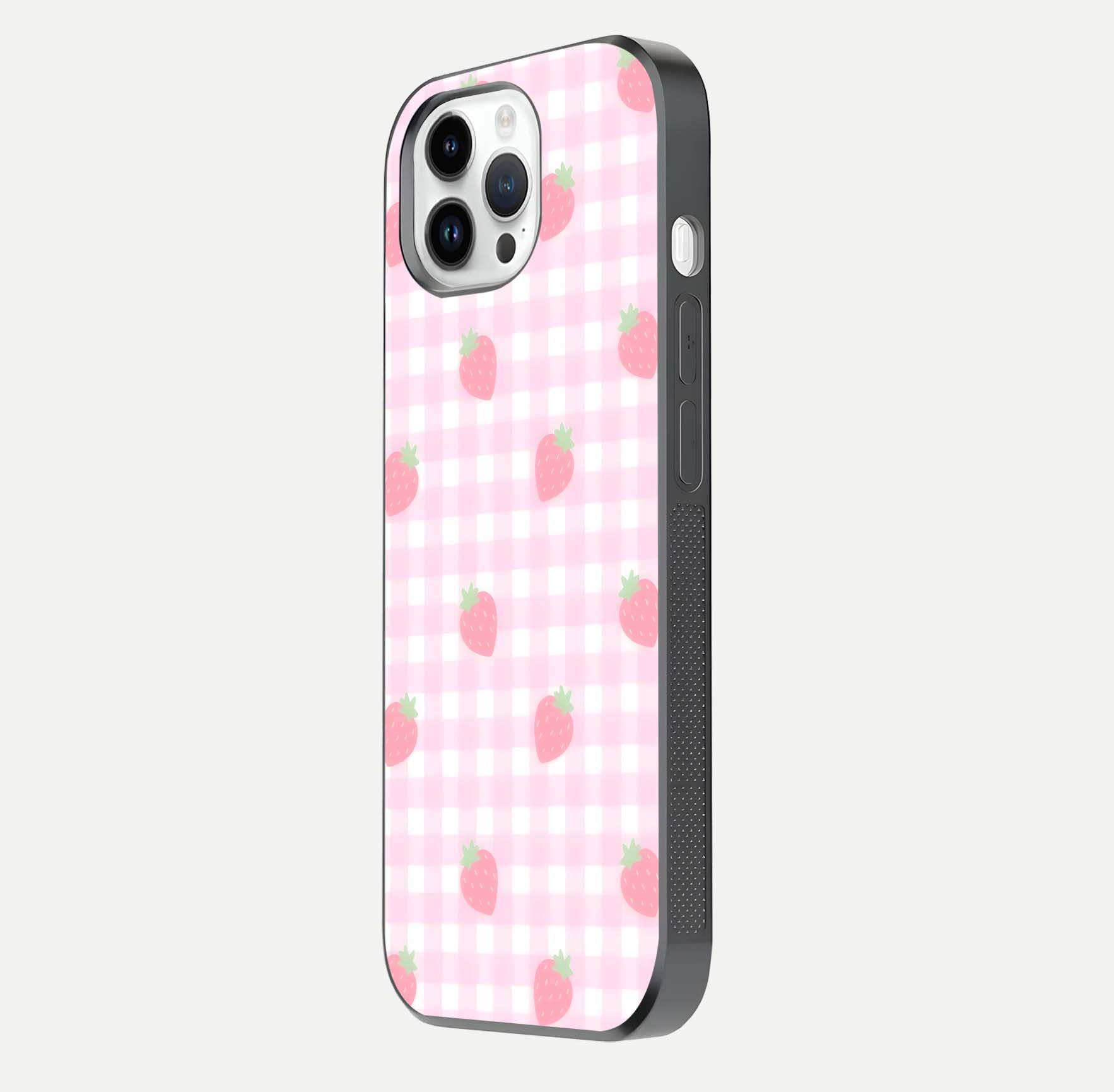 Strawberry Picnic Love iPhone 14 Pro glass phone case side profile view focusing on smooth frame and seamless wrap