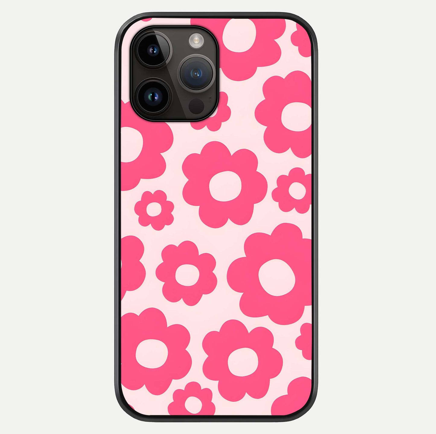 Blush Flower Pop iPhone 14 Pro Max glass phone case front view featuring playful blush floral artwork with glossy finish