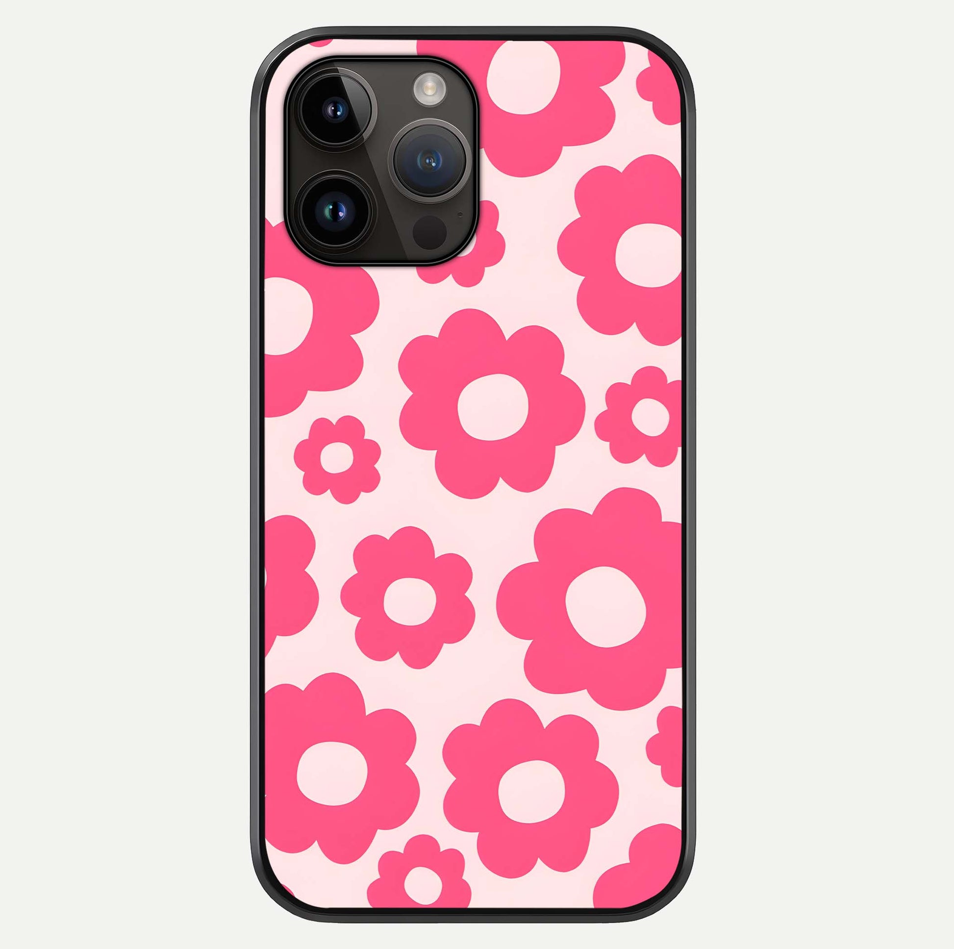 Blush Flower Pop iPhone 14 Pro Max glass phone case front view featuring playful blush floral artwork with glossy finish