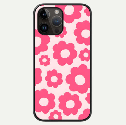Blush Flower Pop iPhone 14 Pro Max glass phone case front view featuring playful blush floral artwork with glossy finish