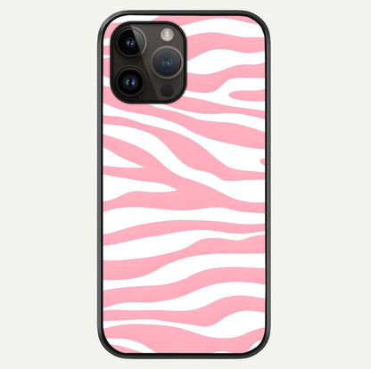 Blush Zebra Flow iPhone 14 Pro Max glass phone case front view featuring modern zebra flow pattern in blush tones