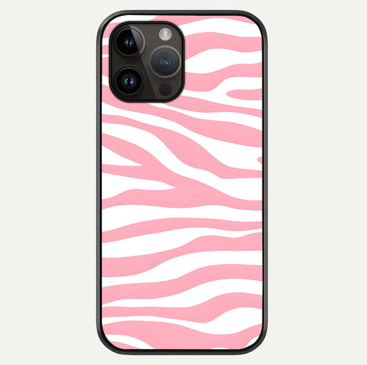 Blush Zebra Flow iPhone 14 Pro Max glass phone case front view featuring modern zebra flow pattern in blush tones
