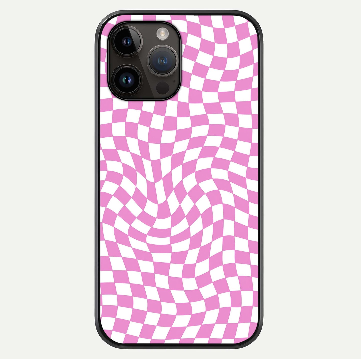 Bubblegum Check Wave iPhone 14 Pro Max glass phone case front view showcasing playful bubblegum check wave pattern with glossy finish