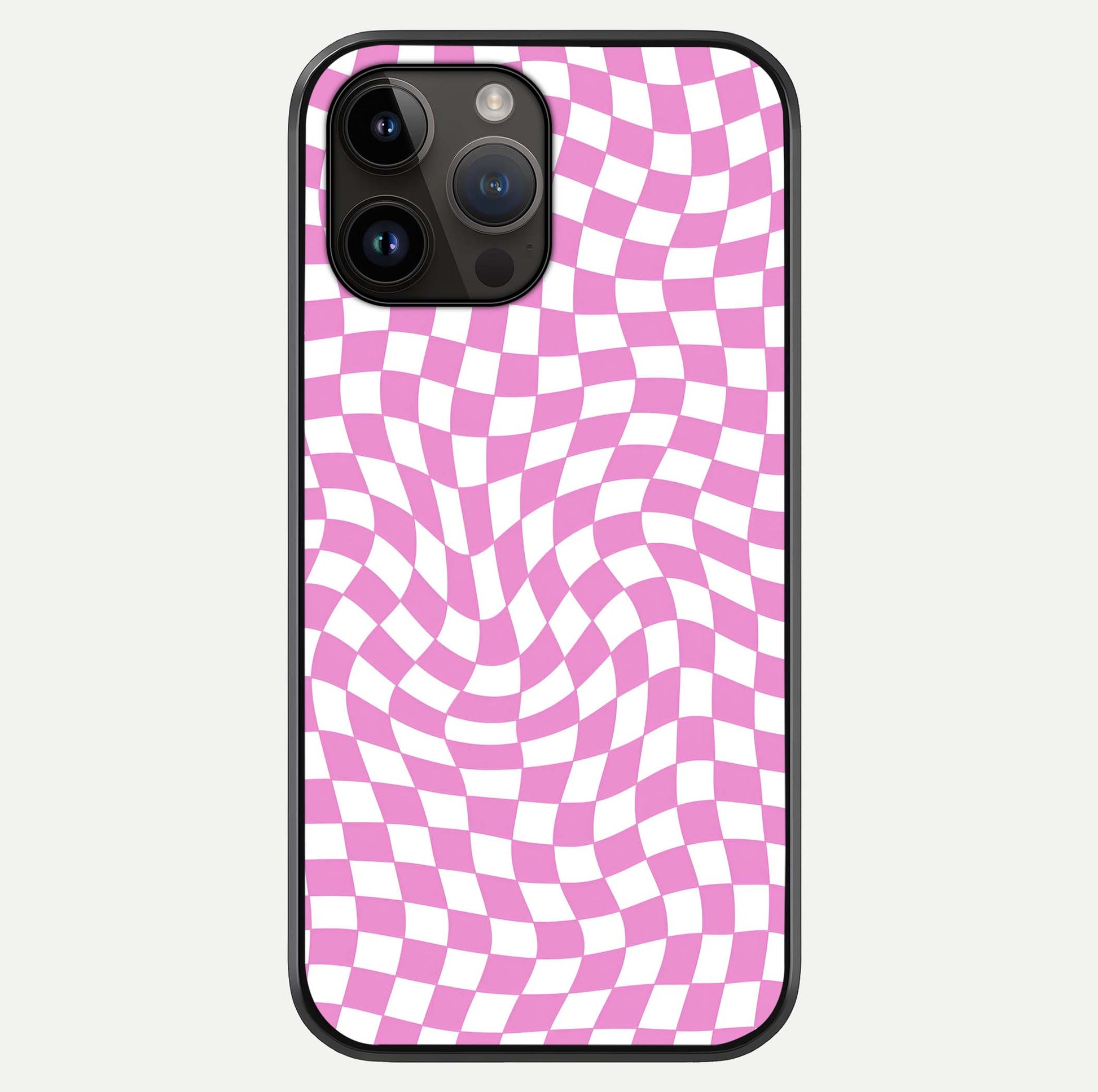 Bubblegum Check Wave iPhone 14 Pro Max glass phone case front view showcasing playful bubblegum check wave pattern with glossy finish
