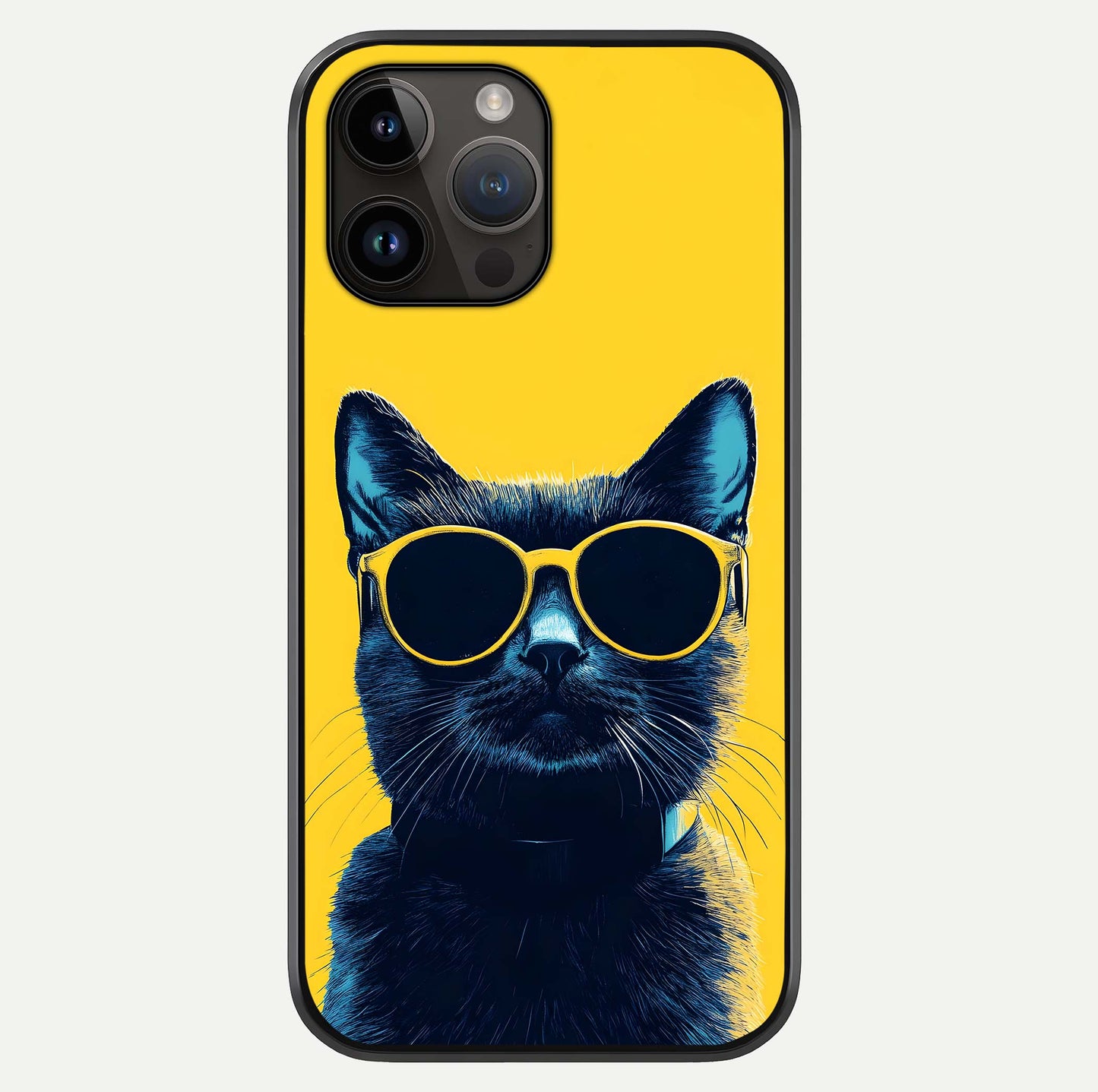 Cool Cat Vibes iPhone 14 Pro Max glass phone case front view featuring playful cat illustration with cool aesthetic tones