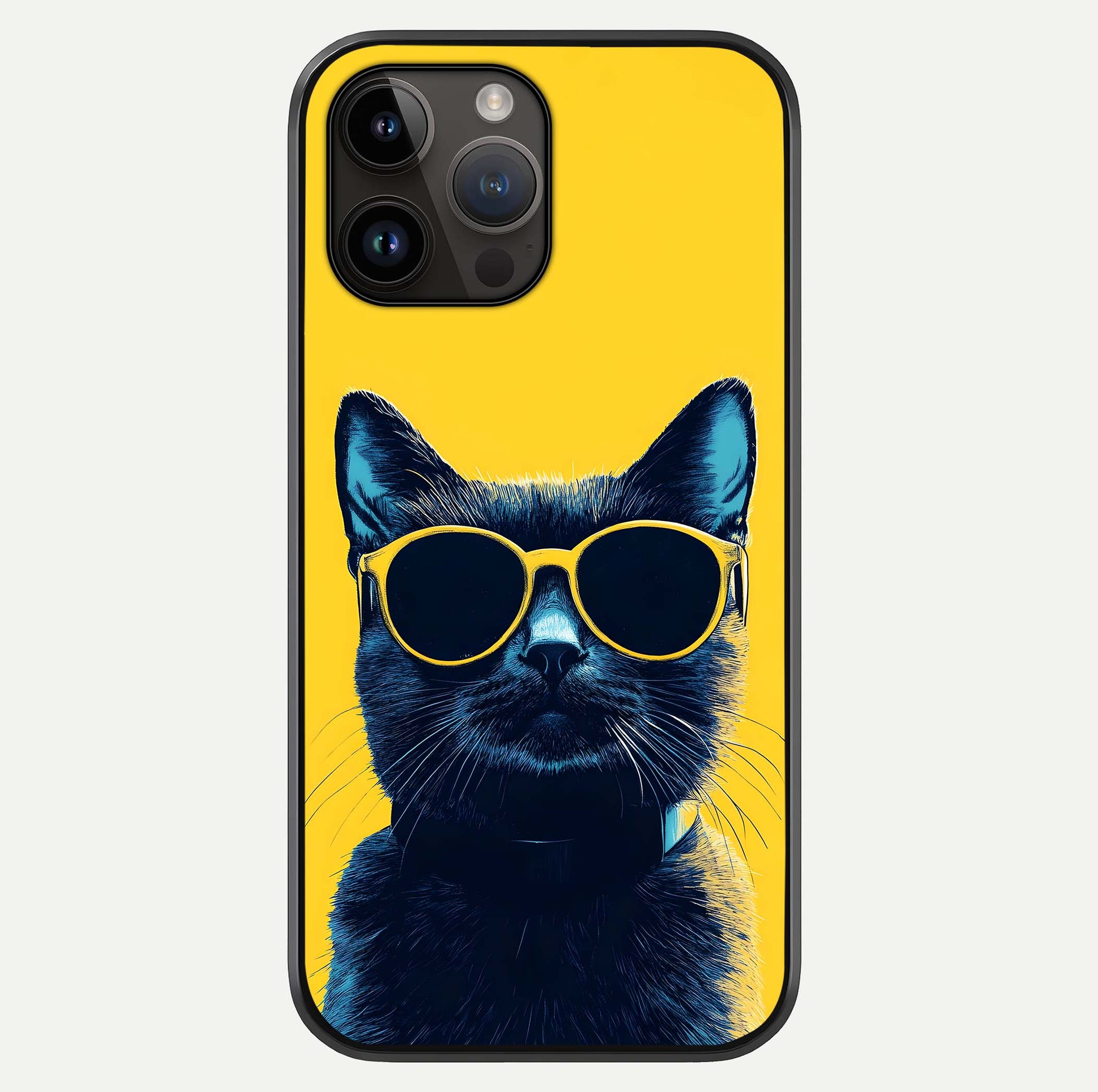 Cool Cat Vibes iPhone 14 Pro Max glass phone case front view featuring playful cat illustration with cool aesthetic tones