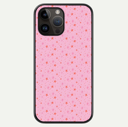 Cosmic Pink Sparkle iPhone 14 Pro Max glass phone case front view showcasing shimmering pink cosmic artwork with glossy finish