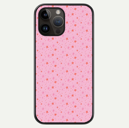Cosmic Pink Sparkle iPhone 14 Pro Max glass phone case front view showcasing shimmering pink cosmic artwork with glossy finish