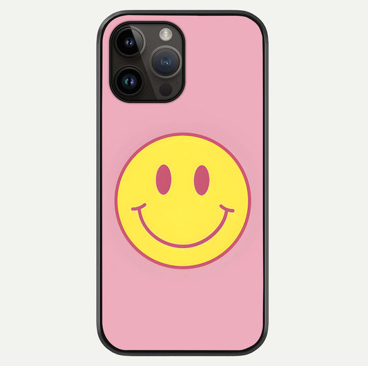 Happy Pink Mood iPhone 14 Pro Max glass phone case front view featuring cheerful pink tones and playful aesthetic design