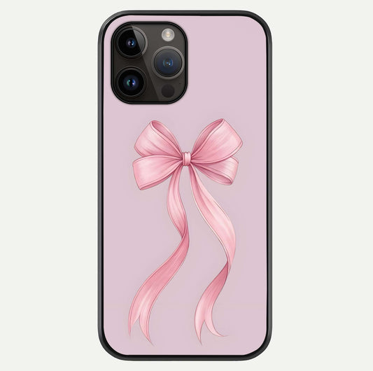 Soft Blush Bow iPhone 14 Pro Max glass phone case front view showcasing soft blush tones with elegant bow design