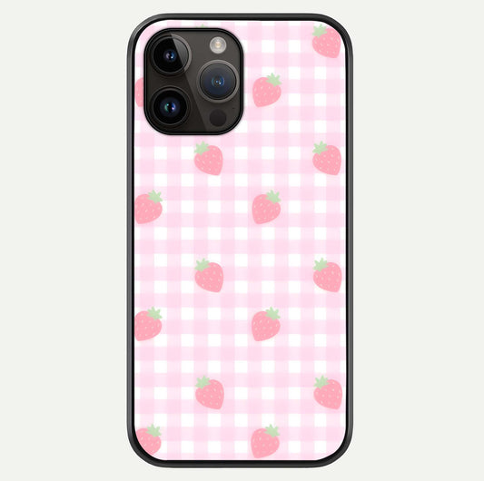 Strawberry Picnic Love iPhone 14 Pro Max glass phone case front view featuring cute strawberry picnic artwork with romantic vibe