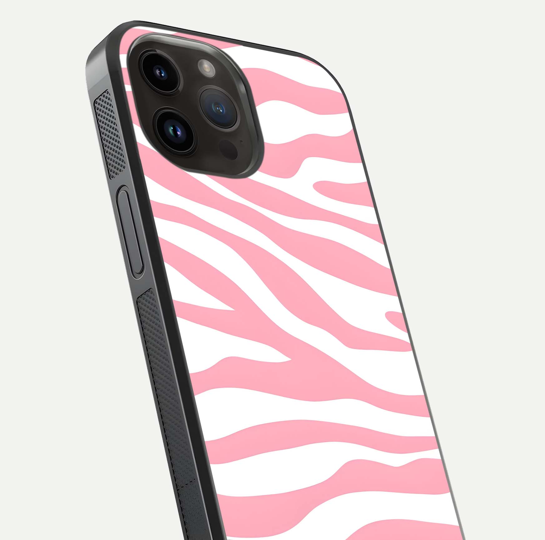 Blush Zebra Flow iPhone 14 Pro Max glass phone case angled back view highlighting bold zebra artwork and textured side grip