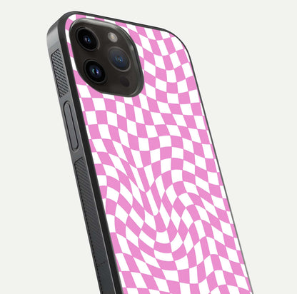 Bubblegum Check Wave iPhone 14 Pro Max glass phone case angled back view highlighting check wave artwork and side grip texture