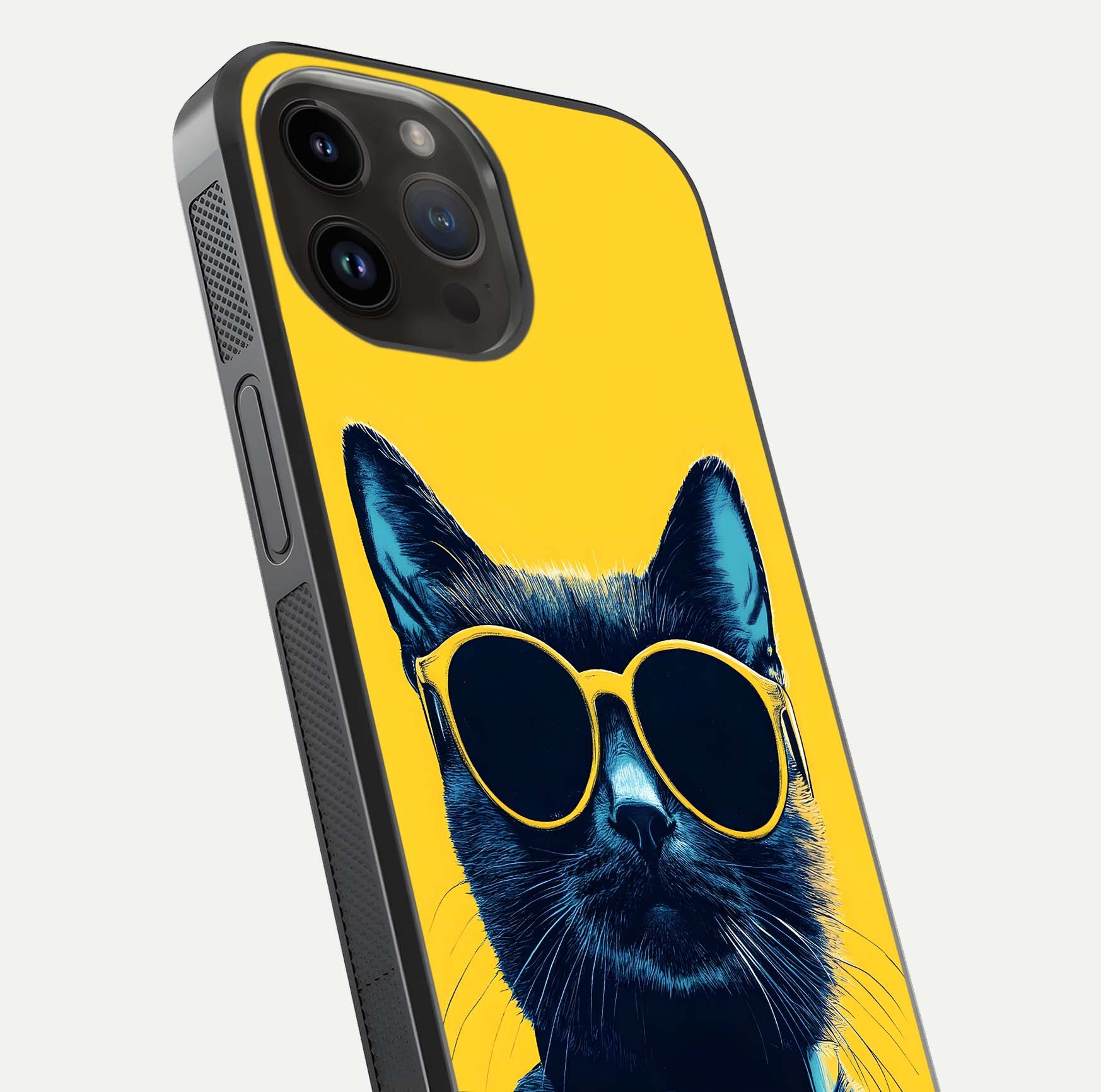 Cool Cat Vibes iPhone 14 Pro Max glass phone case angled back view highlighting cat artwork and textured side grip