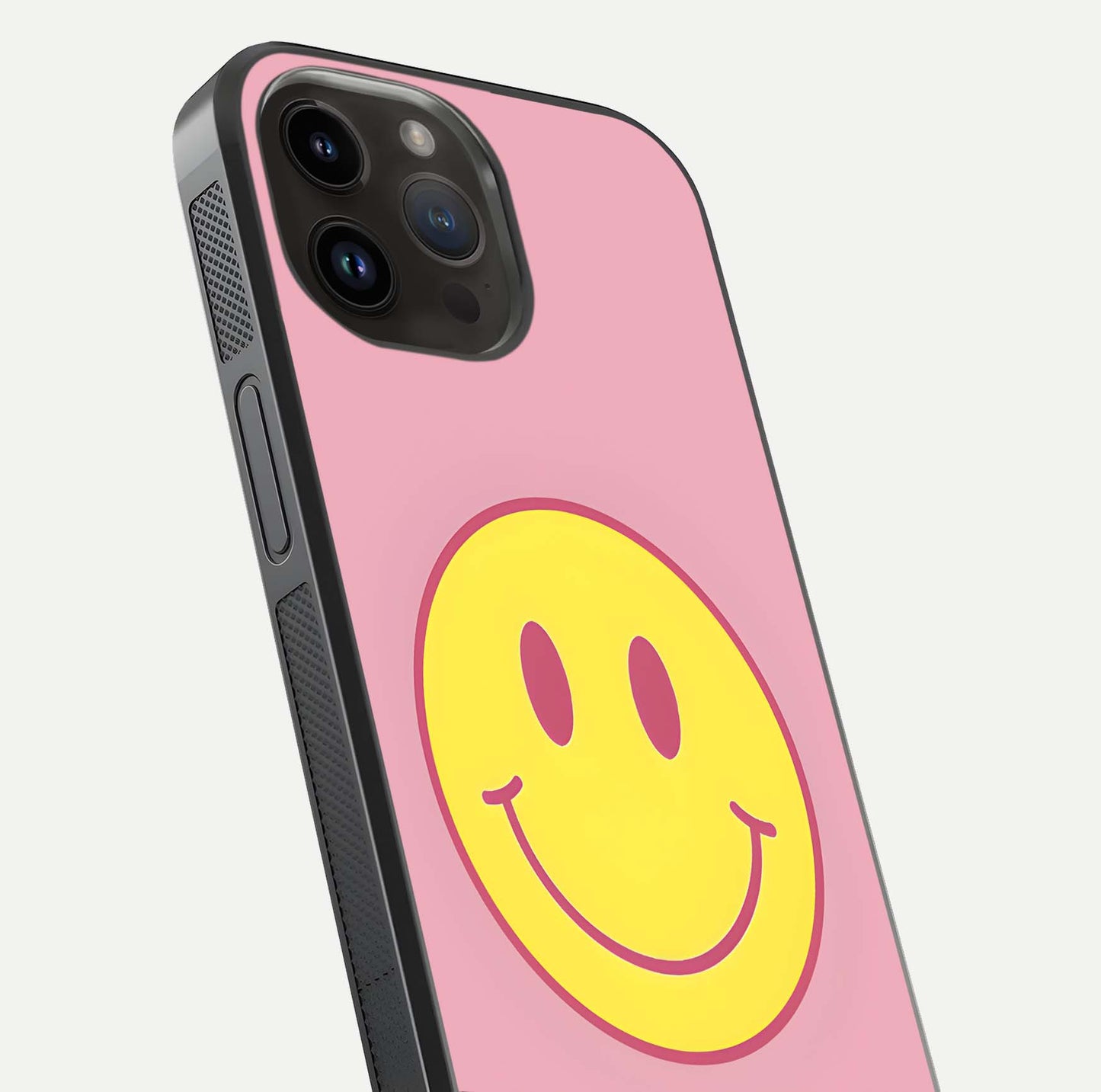Happy Pink Mood iPhone 14 Pro Max glass phone case angled back view highlighting bright pink artwork and side grip texture