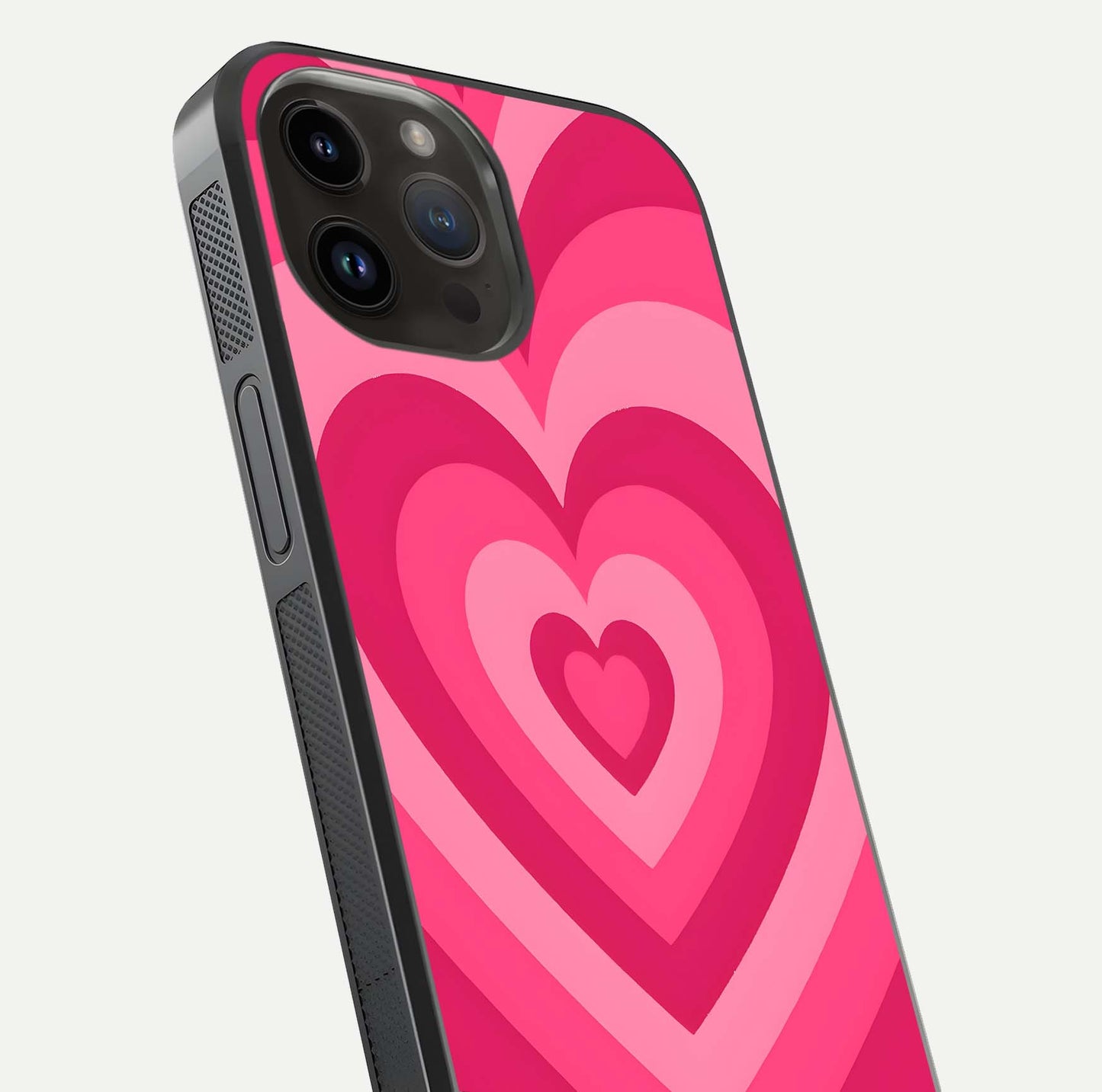 Layered Love Hearts iPhone 14 Pro Max glass phone case angled back view highlighting heart artwork and textured grip edges