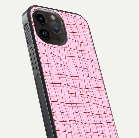 Soft Grid Bliss iPhone 14 Pro Max glass phone case angled back view highlighting grid artwork and side grip texture