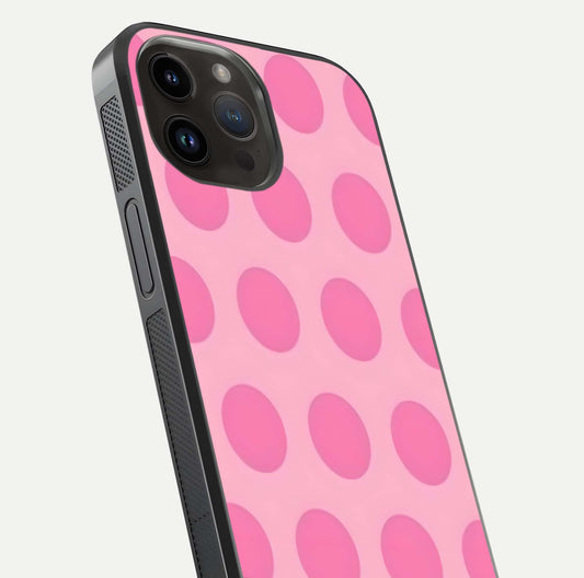 Sweet Dot Dreams iPhone 14 Pro Max glass phone case angled back view highlighting dotted artwork and side grip texture