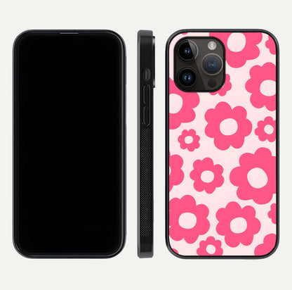 Blush Flower Pop iPhone 14 Pro Max glass phone case front and side layout view showing slim profile and full floral coverage