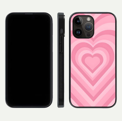 Blush Heart Waves iPhone 14 Pro Max glass phone case front and side layout view displaying slim frame and full heart pattern