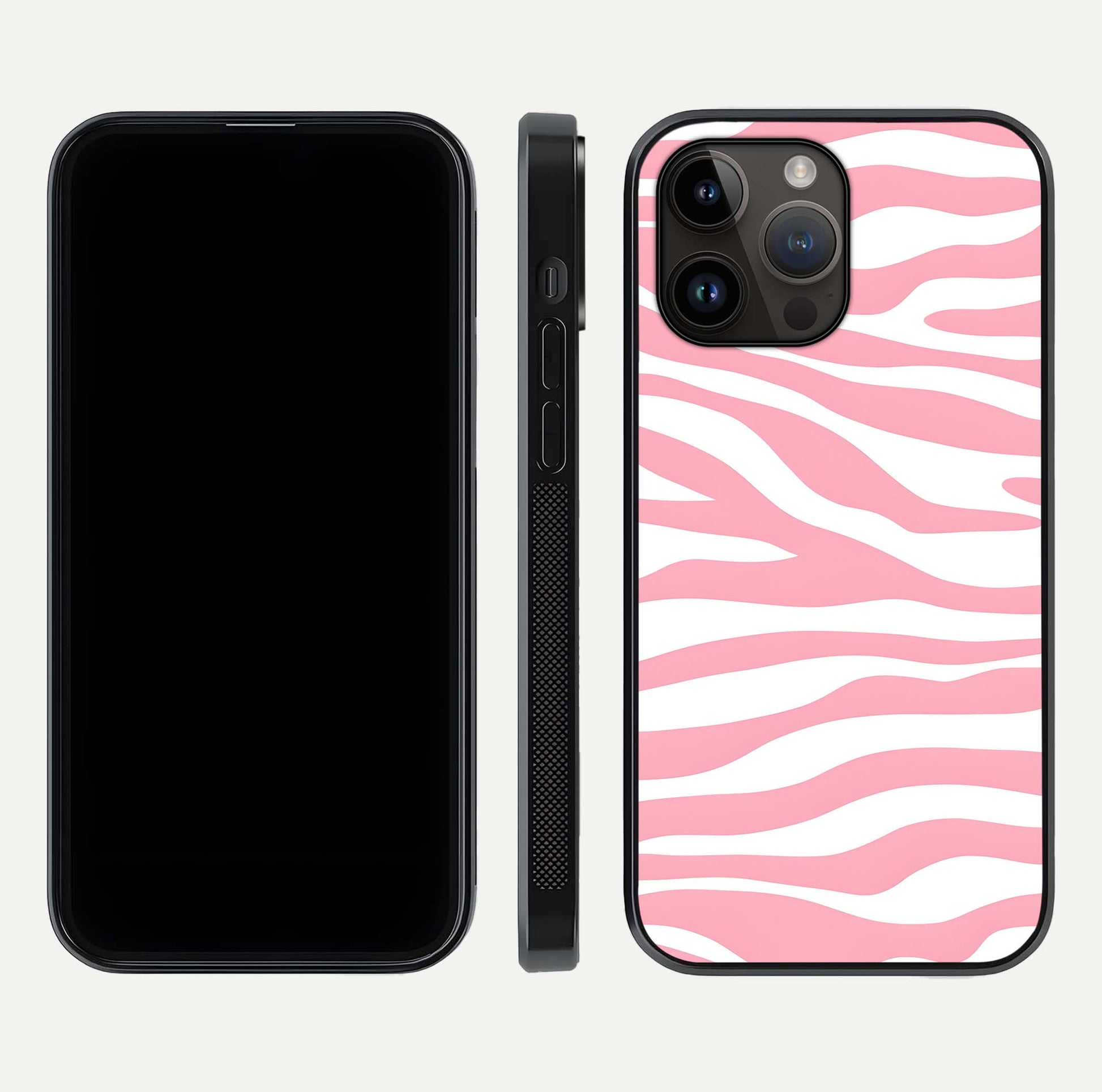 Blush Zebra Flow iPhone 14 Pro Max glass phone case front and side layout view showing slim build and flowing pattern coverage